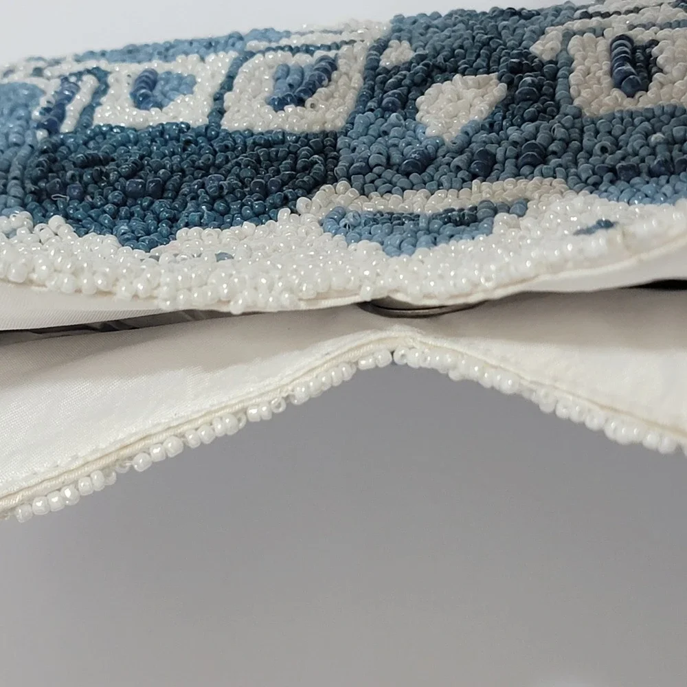 Viral Blue White Santorini Greece Beaded Bamboo Handle Bag Clutch Made India NWT